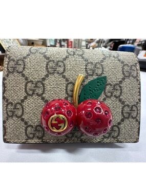 Gucci Beige GG Marmont Limited edition Cherry with rhinestone Wallet small